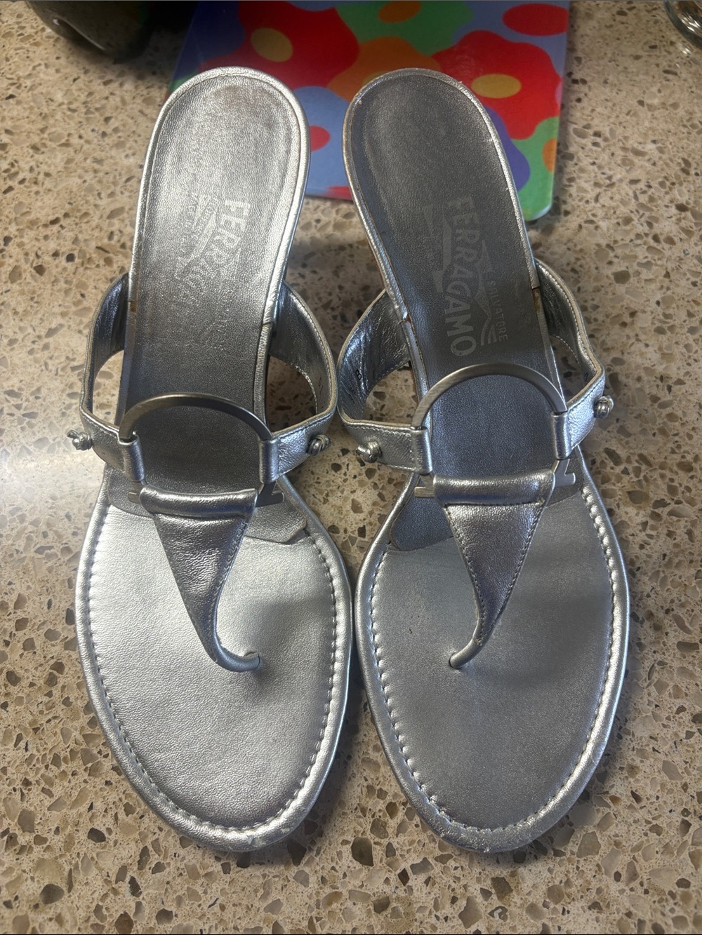 Salvatore Ferragamo Metallic Silver Leather Thong Sandals